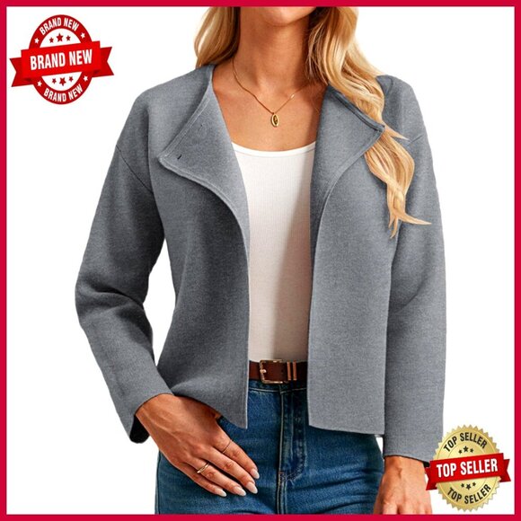 Jackets & Blazers - Cropped Knit Sweater Blazer Oversized Open Front Lapel Cardigan Chic Elegant